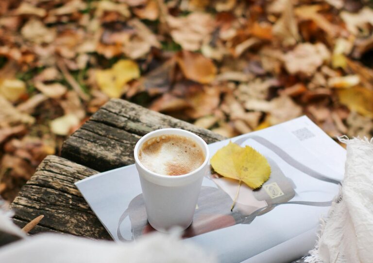 A warm cappuccino rests on a magazine with autumn leaves on a wooden bench.