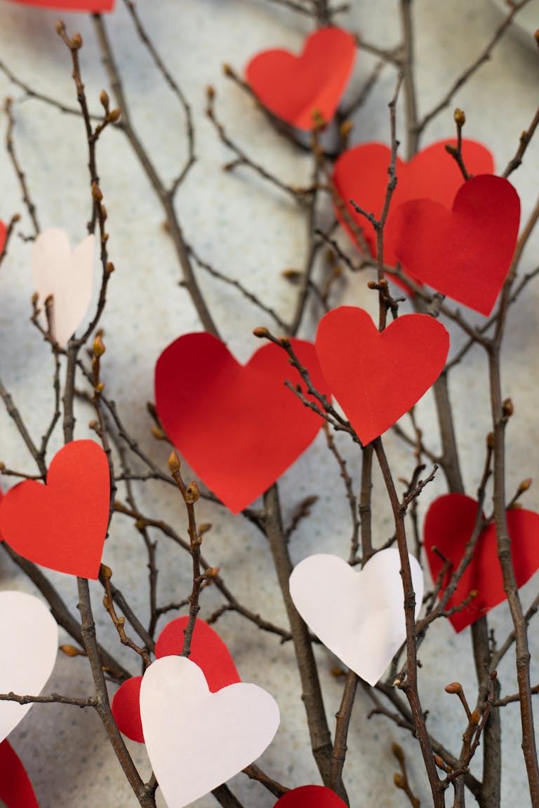 Red and white paper hearts on twigs symbolizing love for Valentine's Day.